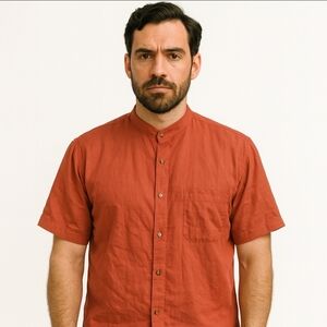 Savile Row Linen Blend Orange Mandarin Collar Mens Button Down Sz M